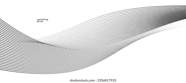 Abstract background vector illustration, dots in motion by curve lines, particles flow wave isolated, monochrome black and white illustration.