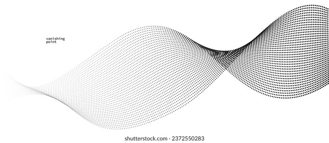 Abstract background vector illustration, dots in motion by curve lines, particles flow wave isolated, monochrome black and white illustration.