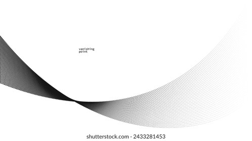 Abstract background vector illustration, dots in motion by curve lines, particles flow wave isolated, monochrome black and white illustration.