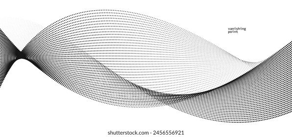 Abstract background vector illustration, dots in motion by curve lines, particles flow wave isolated, monochrome black and white illustration.