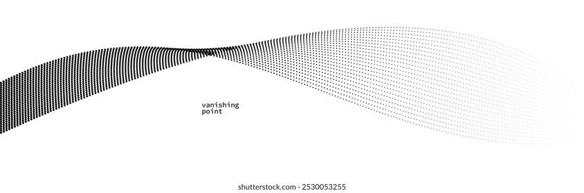 Ilustração de vetor de fundo abstrato, pontos em movimento por linhas de curva, onda de fluxo de partículas isolada, ilustração monocromática em preto e branco.