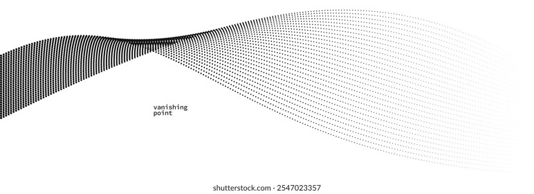 Ilustración vectorial de fondo Abstractas, puntos en movimiento por líneas de curva, partículas aisladas de onda de flujo, ilustración en blanco y negro monocromo.