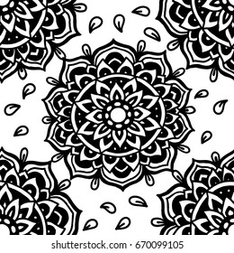 Abstract background. Vector illustration. Ethnic mandala monochrome seamless pattern. Indian ornament.