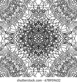 Abstract background. Vector illustration. Ethnic mandala monochrome seamless pattern. Indian ornament.