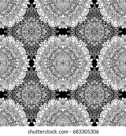 Abstract background. Vector illustration. Ethnic mandala monochrome seamless pattern. Indian ornament.
