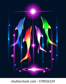 Abstract background. Vector illustration. Fantastic multicolored dolphins.