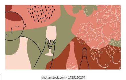 Resumen de fondo .Ilustración vectorial de una chica bebiendo vino.Pancarta horizontal colorida.