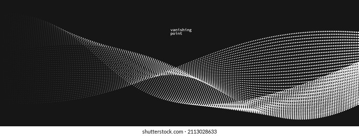 Abstract background vector illustration over black, dots in motion by curve lines, particles flow wave isolated, monochrome black and white illustration.