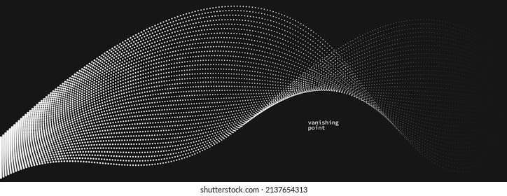 Abstract background vector illustration over black, dots in motion by curve lines, particles flow wave isolated, monochrome black and white illustration.