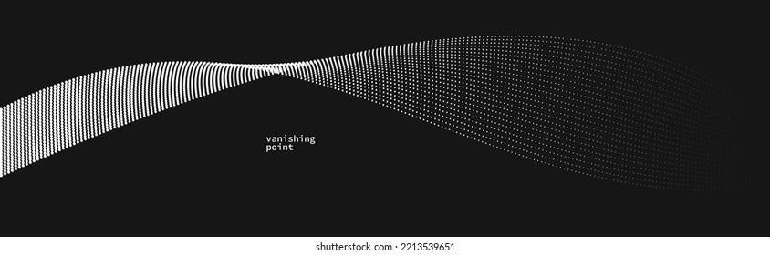 Abstract background vector illustration over black, dots in motion by curve lines, particles flow wave isolated, monochrome black and white illustration.