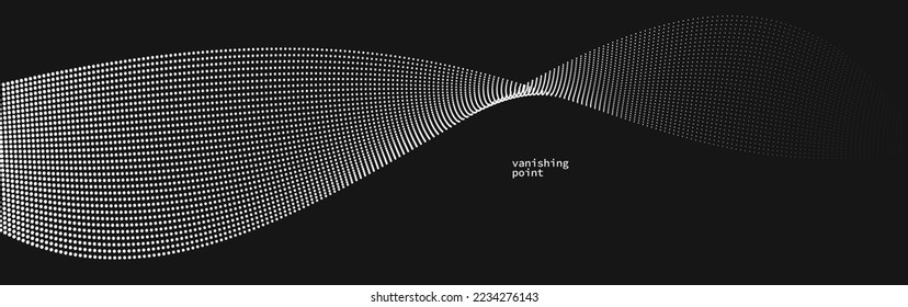 Abstract background vector illustration over black, dots in motion by curve lines, particles flow wave isolated, monochrome black and white illustration.