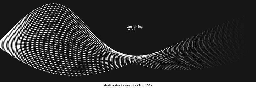 Abstract background vector illustration over black, dots in motion by curve lines, particles flow wave isolated, monochrome black and white illustration.