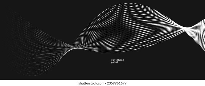 Abstract background vector illustration over black, dots in motion by curve lines, particles flow wave isolated, monochrome black and white illustration.