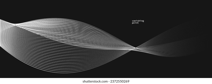 Abstract background vector illustration over black, dots in motion by curve lines, particles flow wave isolated, monochrome black and white illustration.