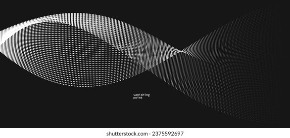 Abstract background vector illustration over black, dots in motion by curve lines, particles flow wave isolated, monochrome black and white illustration.