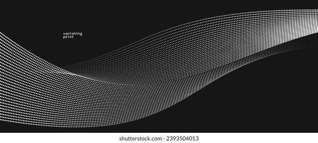 Abstract background vector illustration over black, dots in motion by curve lines, particles flow wave isolated, monochrome black and white illustration.