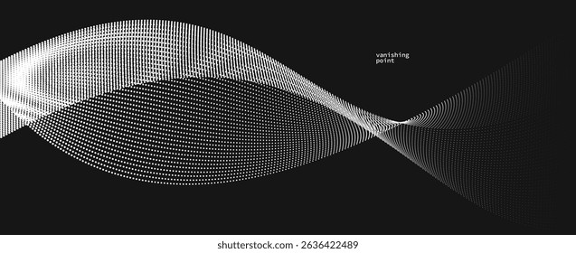 Abstract background vector illustration over black, dots in motion by curve lines, particles flow wave isolated, monochrome black and white illustration.