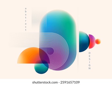 Abstract background vector illustration. Pattern design with graphic shapes, line elements, bright gradient color. Modern banner template in retro bauhaus flat style. Minimal business wallpaper.