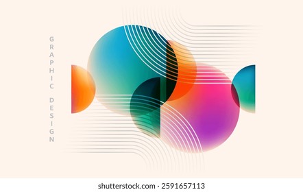 Abstract background vector illustration. Pattern design with graphic shapes, line elements, bright gradient color. Modern banner template in retro bauhaus flat style. Minimal business wallpaper.