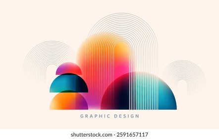 Abstract background vector illustration. Pattern design with graphic shapes, line elements, bright gradient color. Modern banner template in retro bauhaus flat style. Minimal business wallpaper.
