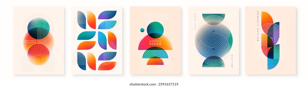 Abstract background vector illustration. Pattern design with graphic shapes, line elements, bright gradient color. Modern poster template in retro bauhaus flat style. Minimal business cover.