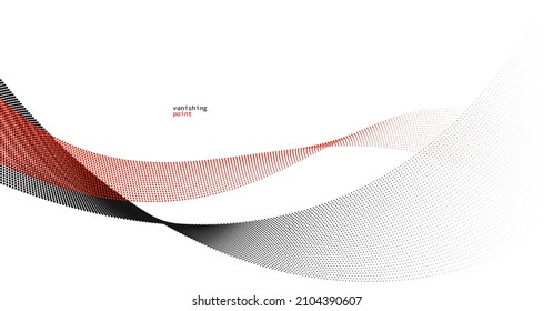 Abstract background vector illustration, red and black dots in motion by curve lines, particles flow wave isolated, monochrome black and white illustration.