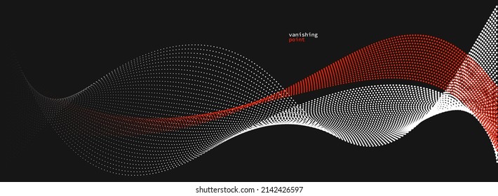 Abstract background vector illustration, red and black dots in motion by curve lines, particles flow wave isolated, monochrome black and white illustration.