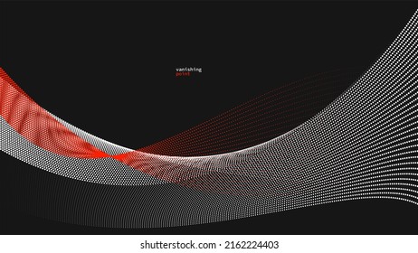 Abstract background vector illustration, red and black dots in motion by curve lines, particles flow wave isolated, monochrome black and white illustration.