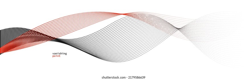 Abstract background vector illustration, red and black dots in motion by curve lines, particles flow wave isolated, monochrome black and white illustration.
