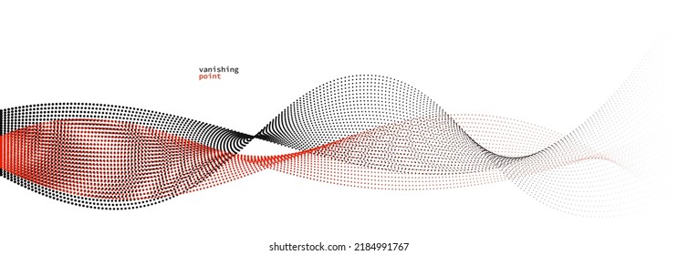 Abstract background vector illustration, red and black dots in motion by curve lines, particles flow wave isolated, monochrome black and white illustration.