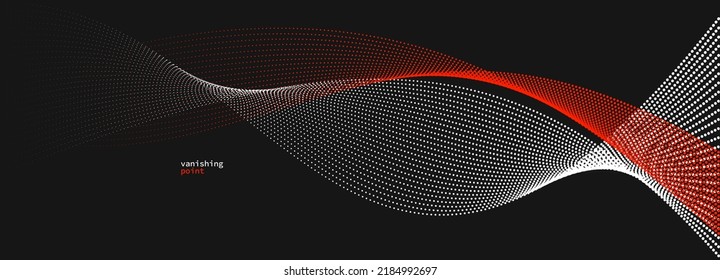 Abstract background vector illustration, red and black dots in motion by curve lines, particles flow wave isolated, monochrome black and white illustration.