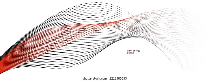 Abstract background vector illustration, red and black dots in motion by curve lines, particles flow wave isolated, monochrome black and white illustration.