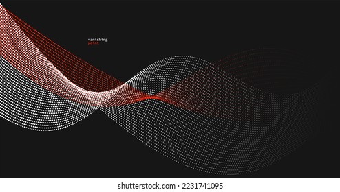 Abstract background vector illustration, red and black dots in motion by curve lines, particles flow wave isolated, monochrome black and white illustration.