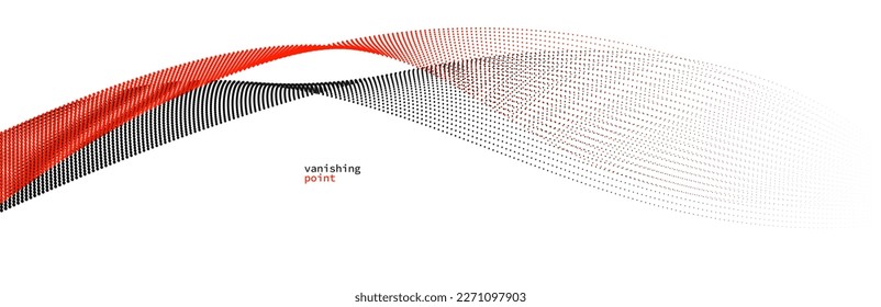 Abstract background vector illustration, red and black dots in motion by curve lines, particles flow wave isolated, monochrome black and white illustration.
