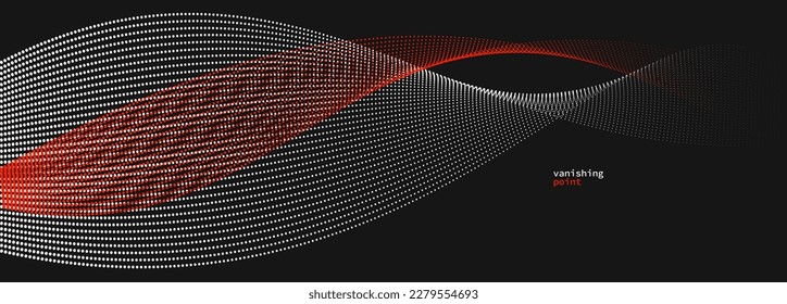 Abstract background vector illustration, red and black dots in motion by curve lines, particles flow wave isolated, monochrome black and white illustration.