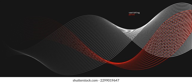 Abstract background vector illustration, red and black dots in motion by curve lines, particles flow wave isolated, monochrome black and white illustration.