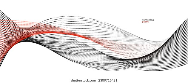 Abstract background vector illustration, red and black dots in motion by curve lines, particles flow wave isolated, monochrome black and white illustration.