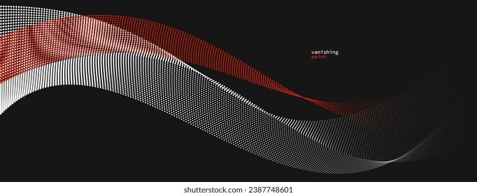 Abstract background vector illustration, red and black dots in motion by curve lines, particles flow wave isolated, monochrome black and white illustration.