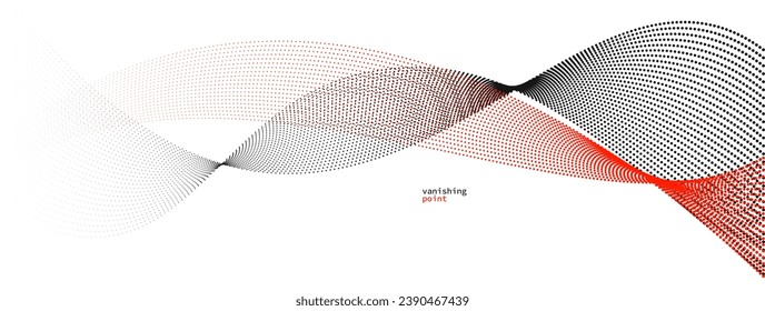 Abstract background vector illustration, red and black dots in motion by curve lines, particles flow wave isolated, monochrome black and white illustration.