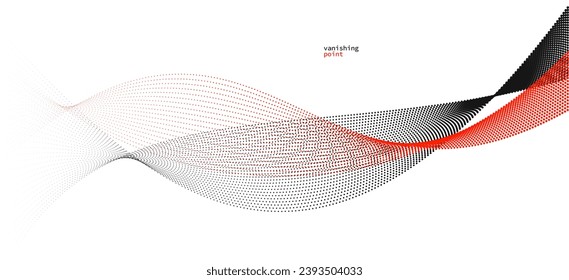 Abstract background vector illustration, red and black dots in motion by curve lines, particles flow wave isolated, monochrome black and white illustration.