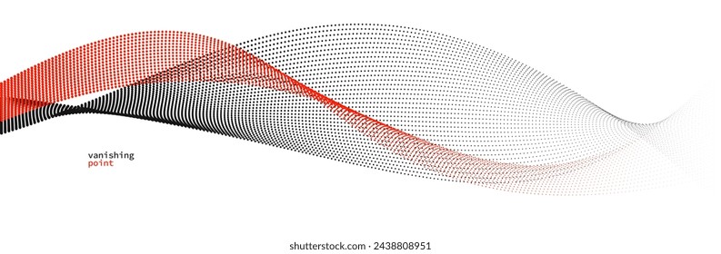 Abstract background vector illustration, red and black dots in motion by curve lines, particles flow wave isolated, monochrome black and white illustration.