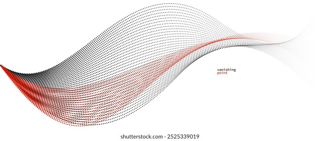 Abstract background vector illustration, red and black dots in motion by curve lines, particles flow wave isolated, monochrome black and white illustration.