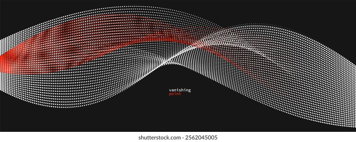 Abstract background vector illustration, red and black dots in motion by curve lines, particles flow wave isolated, monochrome black and white illustration.
