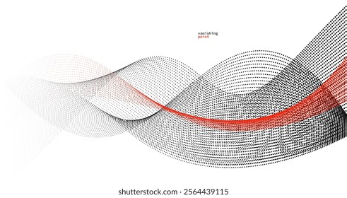 Abstract background vector illustration, red and black dots in motion by curve lines, particles flow wave isolated, monochrome black and white illustration.