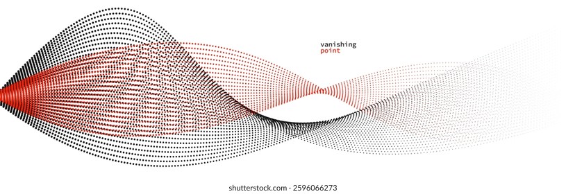 Abstract background vector illustration, red and black dots in motion by curve lines, particles flow wave isolated, monochrome black and white illustration.