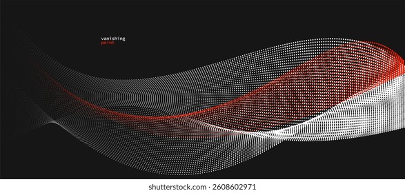 Abstract background vector illustration, red and black dots in motion by curve lines, particles flow wave isolated, monochrome black and white illustration.