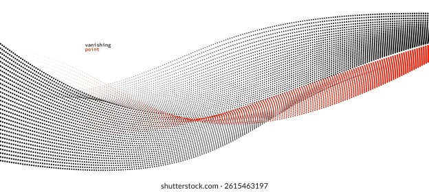 Abstract background vector illustration, red and black dots in motion by curve lines, particles flow wave isolated, monochrome black and white illustration.