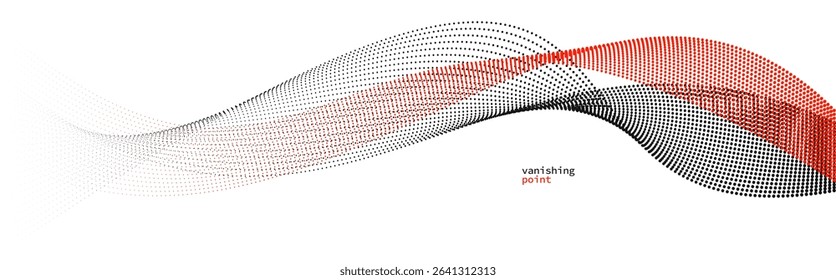 Abstract background vector illustration, red and black dots in motion by curve lines, particles flow wave isolated, monochrome black and white illustration.