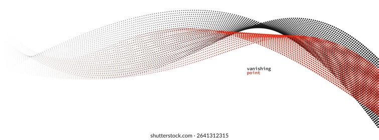 Abstract background vector illustration, red and black dots in motion by curve lines, particles flow wave isolated, monochrome black and white illustration.