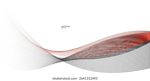 Abstract background vector illustration, red and black dots in motion by curve lines, particles flow wave isolated, monochrome black and white illustration.